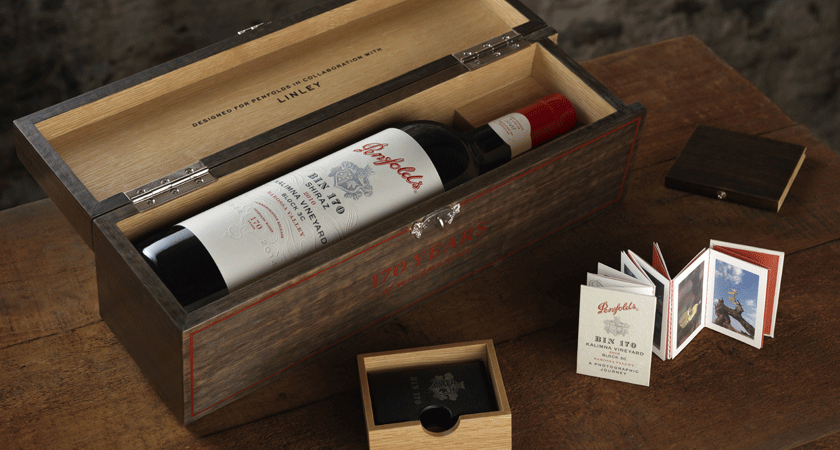 Overhead shot of Bin 170 Shiraz bottle in wooden Linley collaboration gift box
