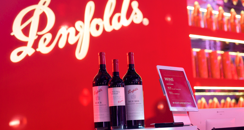 Three Penfolds wines displayed on bar at Singapore event