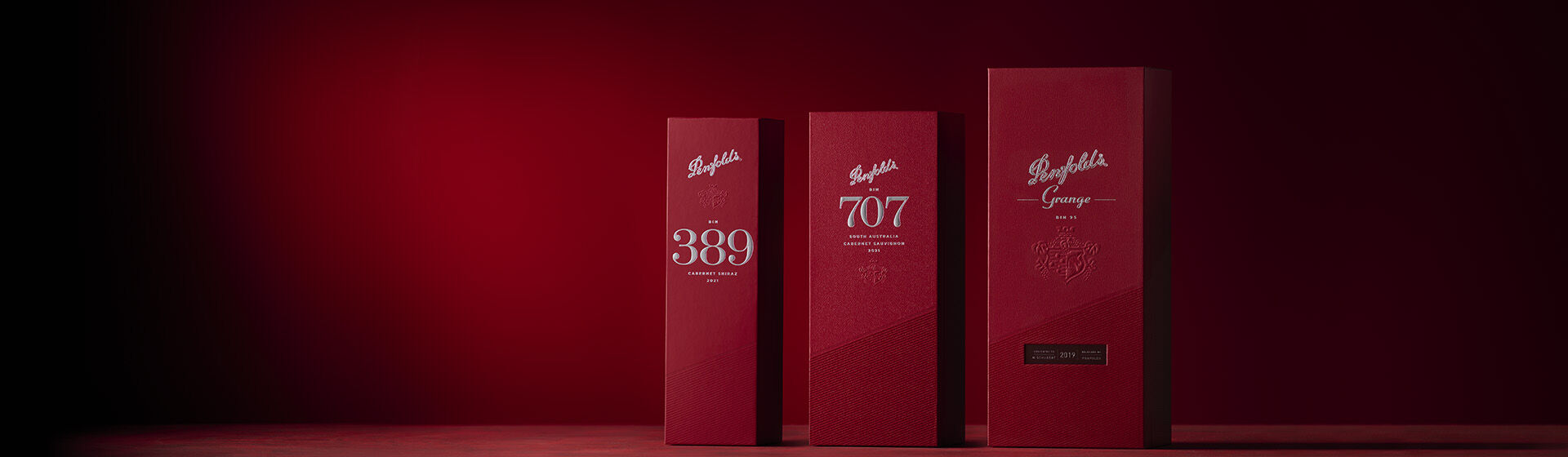 Penfolds Bin 389, Bin 707 and Grange giftboxes lined up