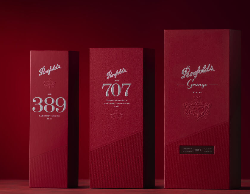 Penfolds Bin 389, Bin 707 and Grange in giftboxes lined up