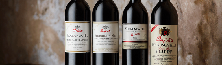 Close up of 4 heritage Koonunga Hill bottles