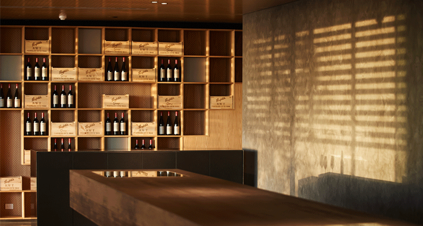 Interior of Magill Estate Kitchen.  Wine wall