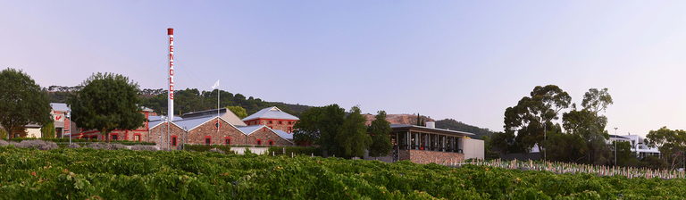 Panoramic view of Penfolds Magill Estate at sunset