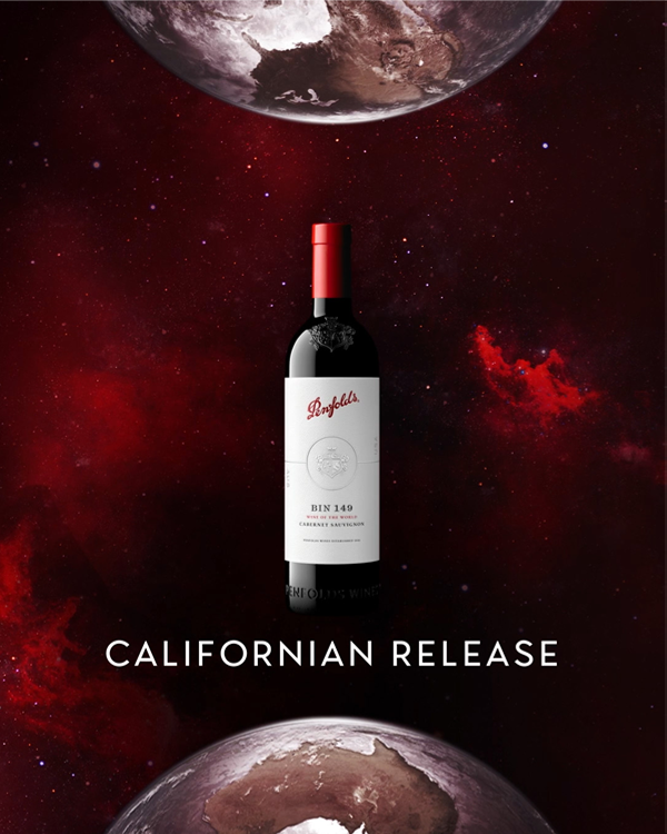 Penfolds Bin 149 bottle between two globes against a red galaxy background