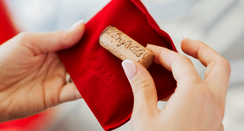 Cork being held in one hand with a red keepsake bag
