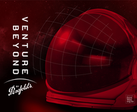 Astronaut helmet against red galaxy background