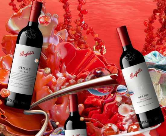 Three Penfolds bottles floating around a red coral background..