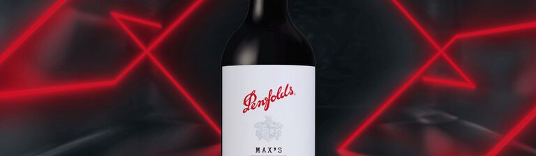 Penfolds Max's bottle with neon red and black background