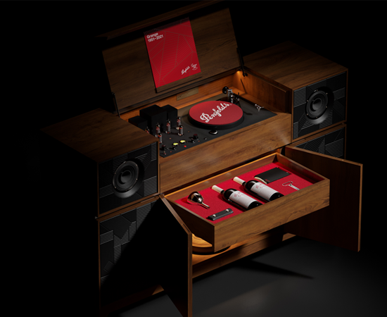 Grange record player console against black background