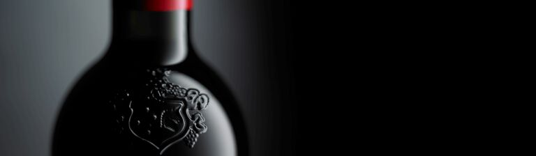 Close up of a neck of a Penfolds bottle. Embossed crest is visible on glass and Penfolds red capsule