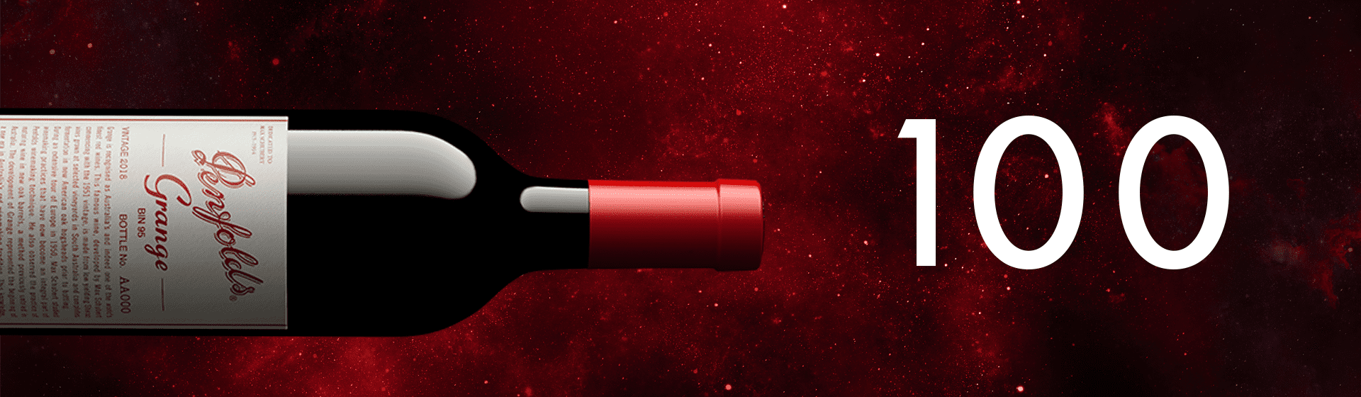 Grange 2018 bottle against red galaxy background with 100 overlaid