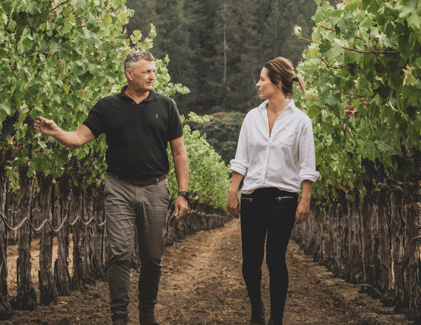 Two Penfolds Winemakers walk through the vineyards in Napa Valley
