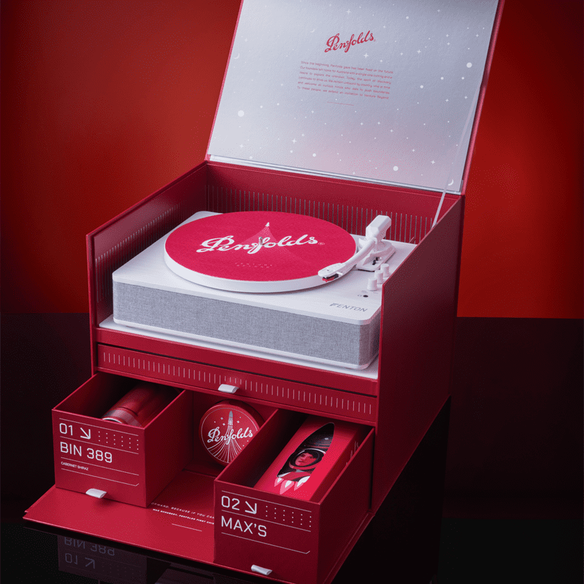 Penfolds branded record player.  Lid open