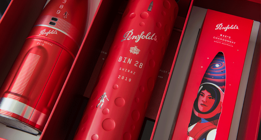 Three space-themed Penfolds gift boxes. A rocket, moon crater and astronaut.