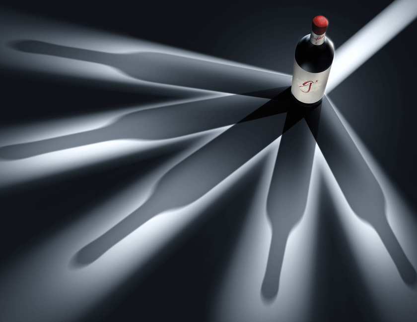 Penfolds g5 bottle viewed from overhead with 5 shadow lines
