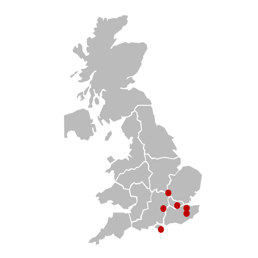 UK Map with event locations pin pointed across south-west