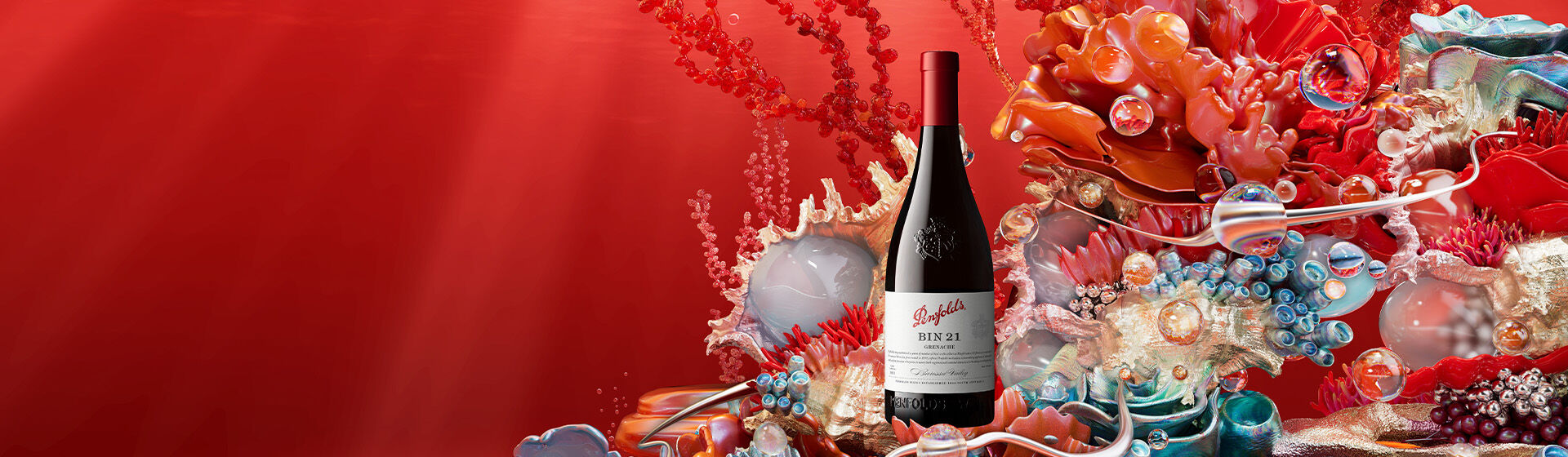 Bin 21 Grenache against red background with coral