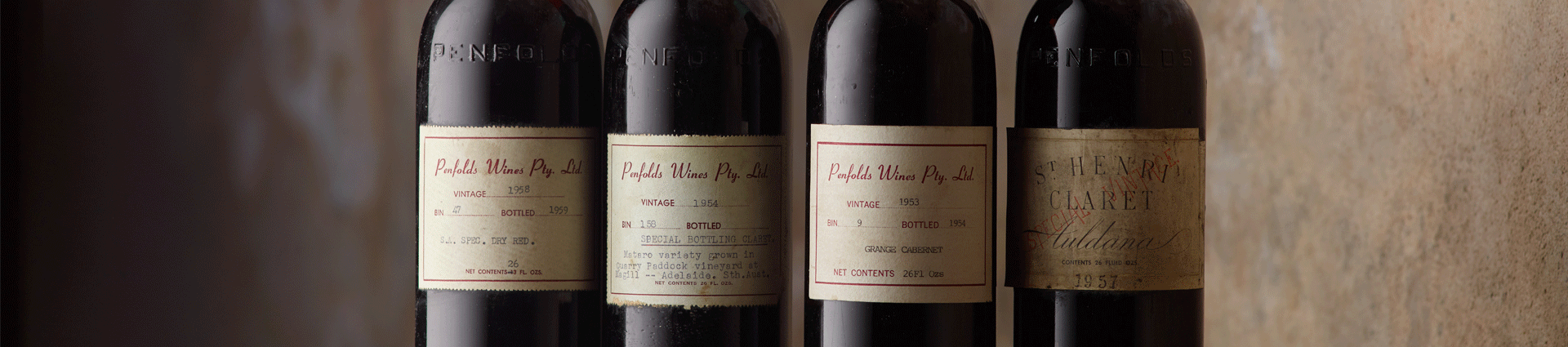 Four heritage Penfolds bottle labels from the 1950s