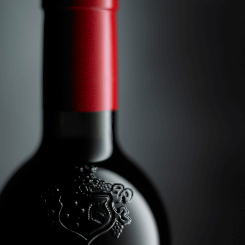Close up Penfolds bottle. Embossed crest in glass with red cork capsule