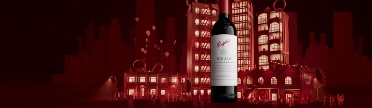 Bin 389 bottle against red paper city background