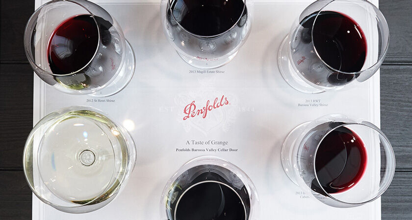 Overhead shot of wine glasses on tasting mat