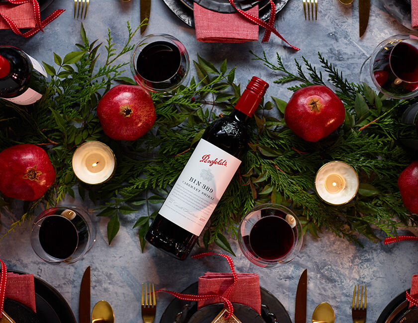 Penfolds Bin 389 on Christmas decorated table