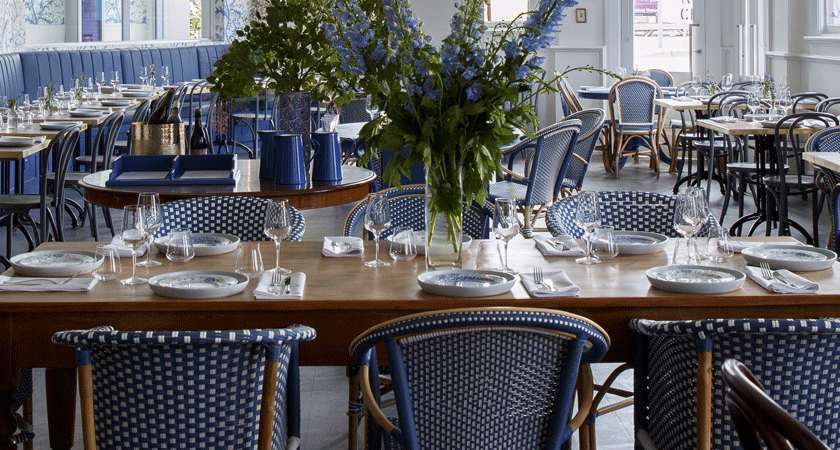 View of Lola restaurant in Ballarat interior.  Blue chairs and styling.