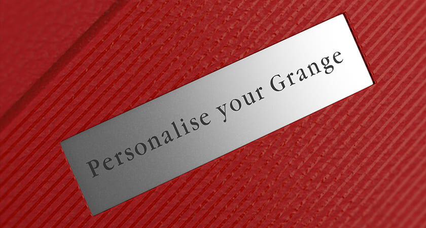 Close up of Grange plaque on gift box