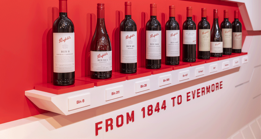 Line up of 10 Penfolds bottles on a shelf. 'From 1844 to Evermore' text beneath