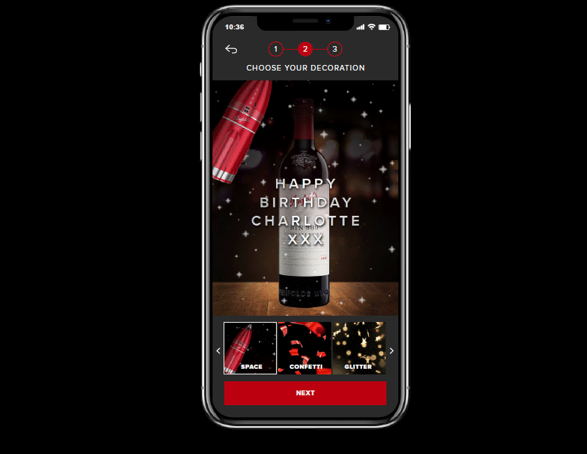 Mobile screen with wine bottle, personalised message with filter options