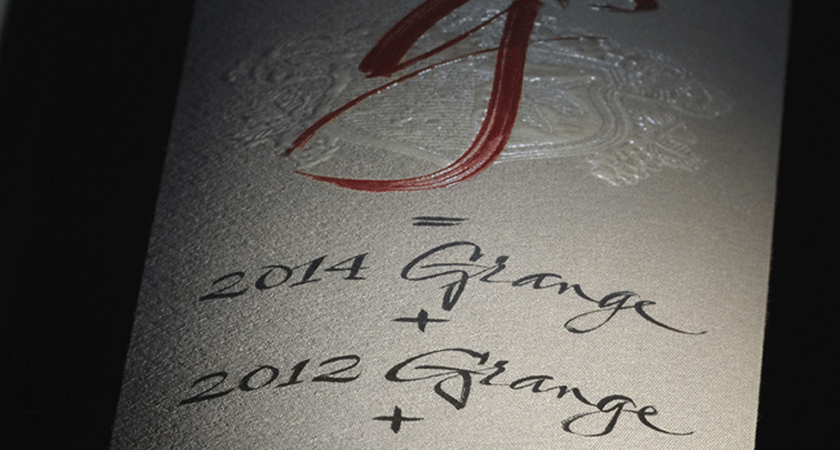 Close up of Penfolds g5 back label.  Calligraphy script shows g5, 2014 Grange and 2012 Grange