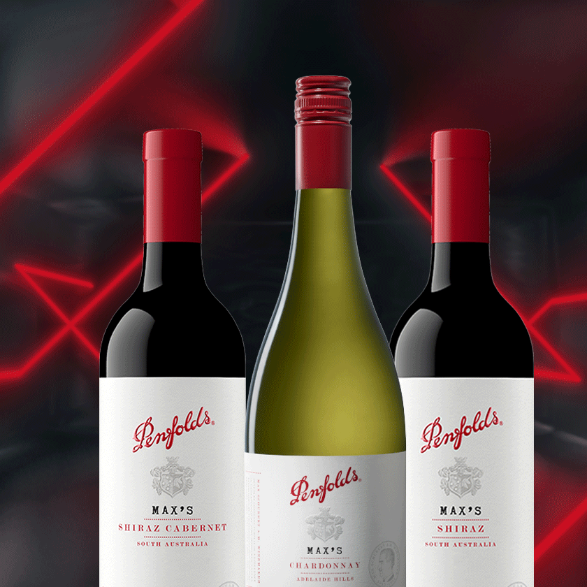 Penfolds Max's Wine bottles against red neon background