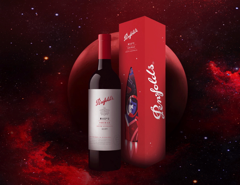 Penfolds wine bottle against red galaxy background