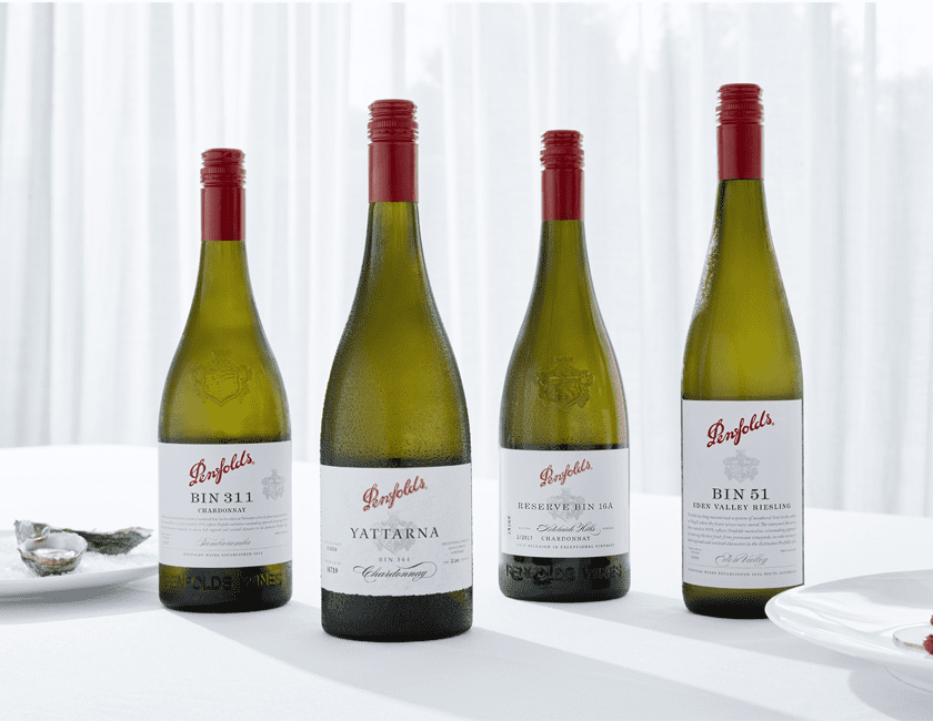 Four Penfolds white wines on a white tablecloth 