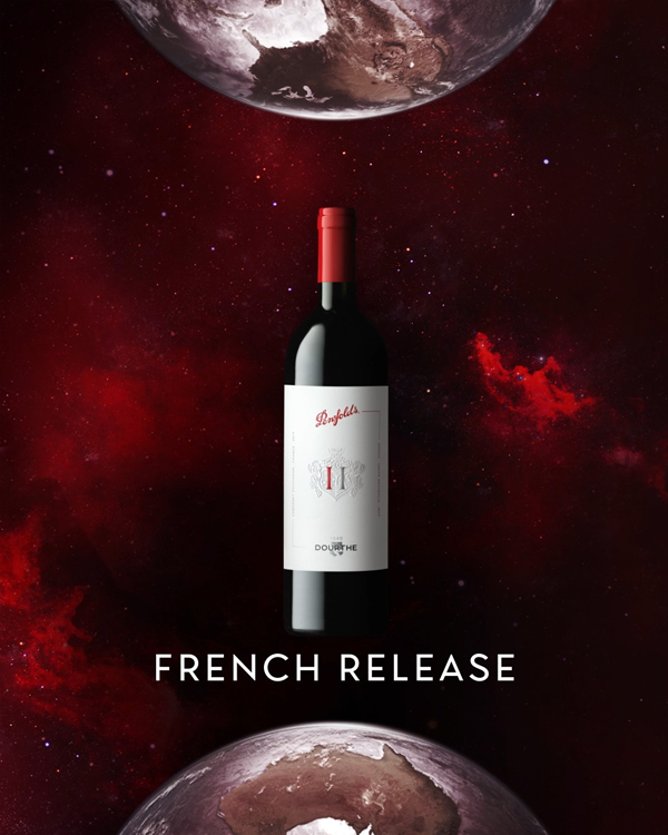 Penfolds II bottle between two globes. Text: French Release