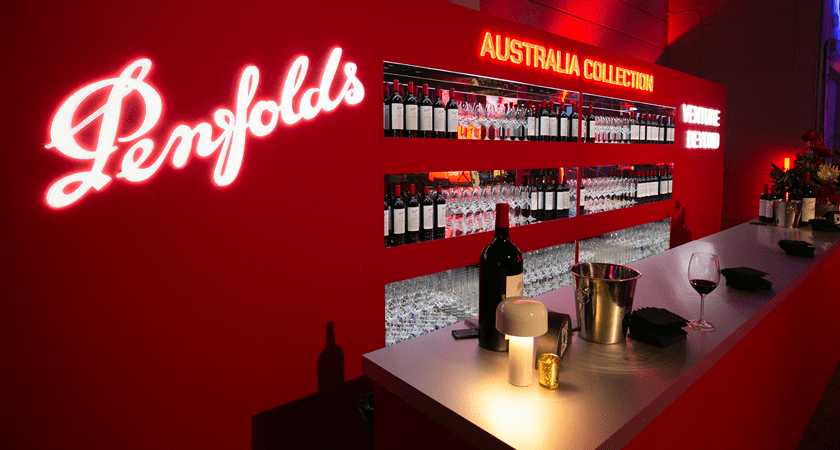 Tasting bar at the event.  Penfolds Australia Collection appears in text above