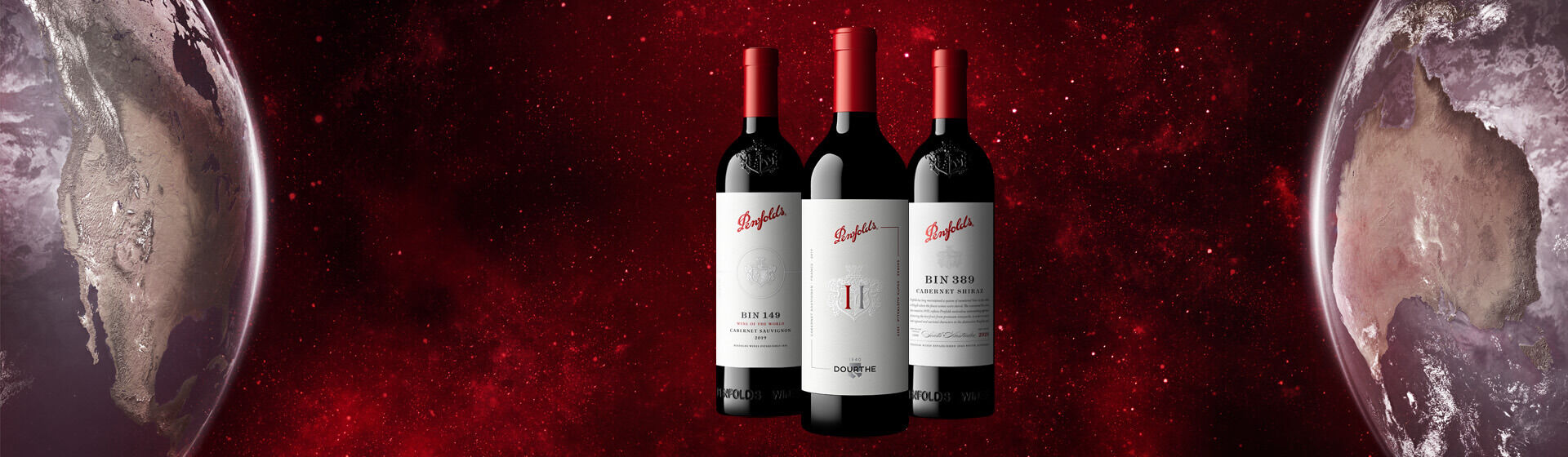 Penfolds Ranges - three Penfolds wine bottles float against a reg galaxy background with a half globe on the left an right