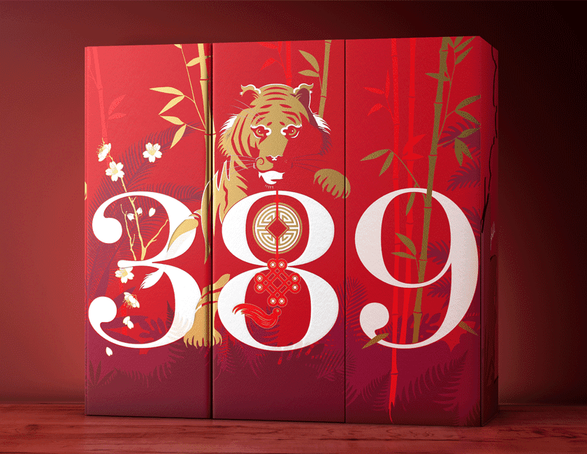 Lunar New Year Bin 389 gift boxes.  Three red wine boxes side by side.  It spells 389 across the three