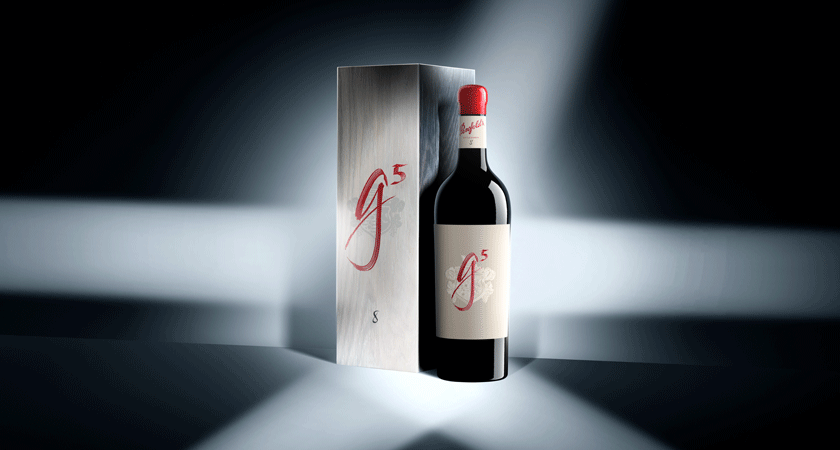 Penfolds g5 750ml bottle with gift box. Blue shadow lines appear across the bottle and gift box